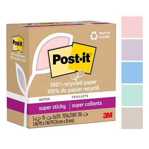 POST-IT 654R-5SSNRP SUPER Sticky Notes 76 x 76mm Pastels Pack of 5